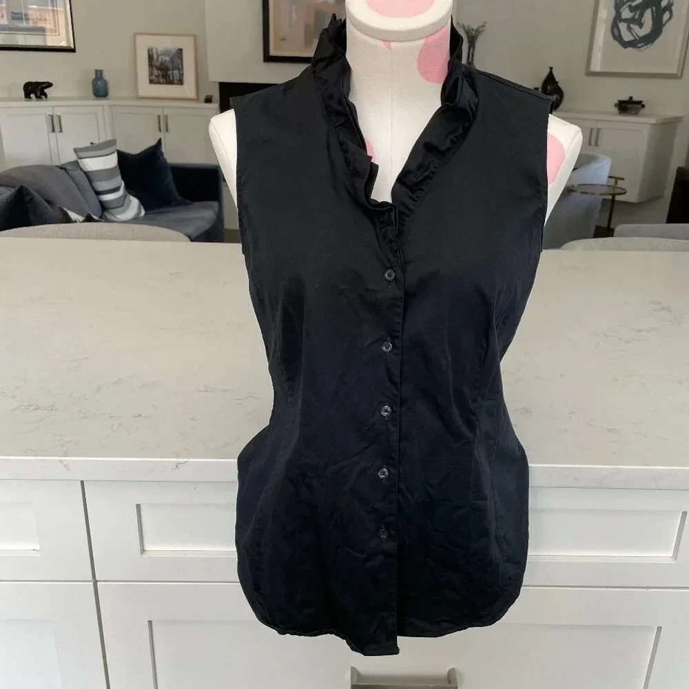Brooks Brothers Slvless Frill Neck Button Down Cotton Fitted Blouse Black Sz 4